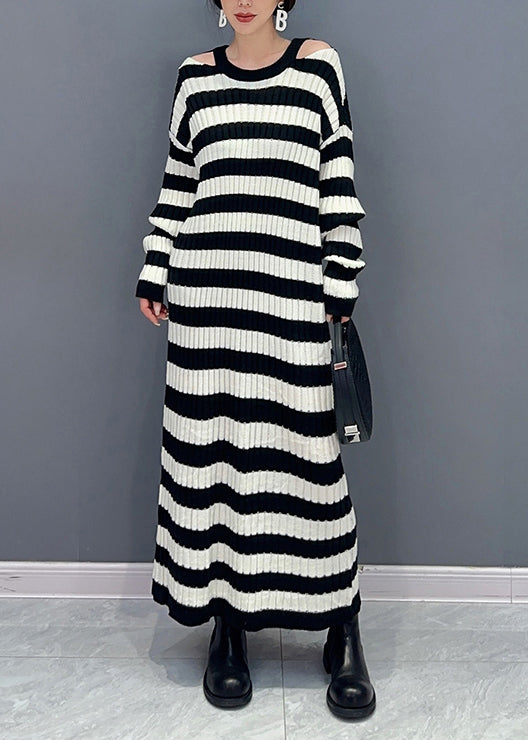 Black Striped Side Open Patchwork Knit Cardigan Fall