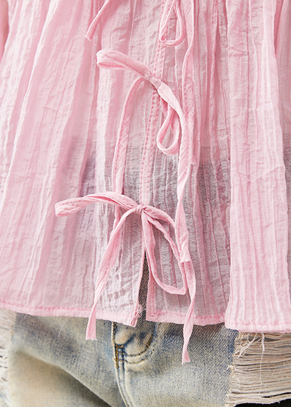 Pink Bow Wrinkled Cotton Shirts Fall