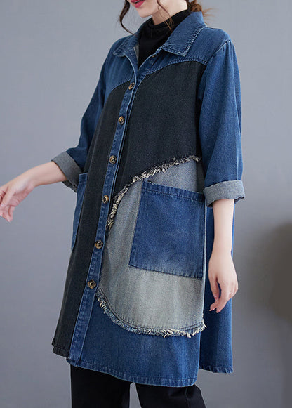 Blue Button Pockets Patchwork Denim Trench Coat Fall