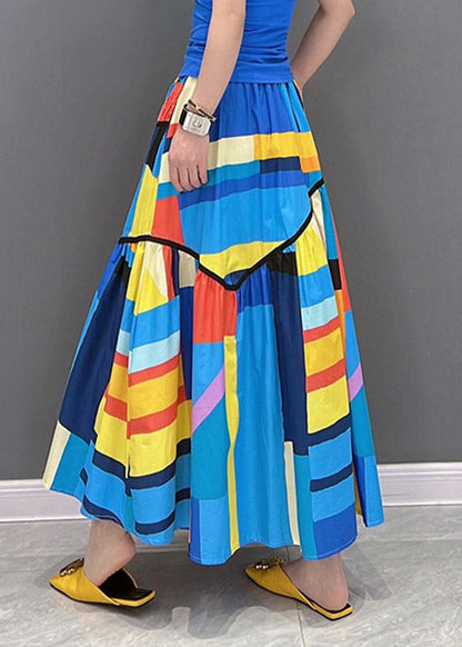 Loose Multi Striped Wrinkled Patchwork Pockets Elastic Waist Skirt Summer
