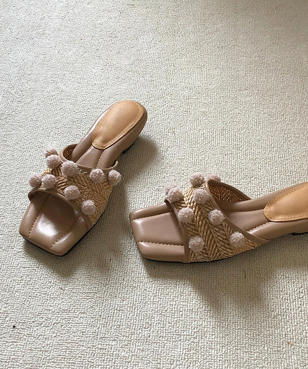 Apricot Fuzzy Ball Ddecorated Splicing Wedge Slide Sandals Peep Toe