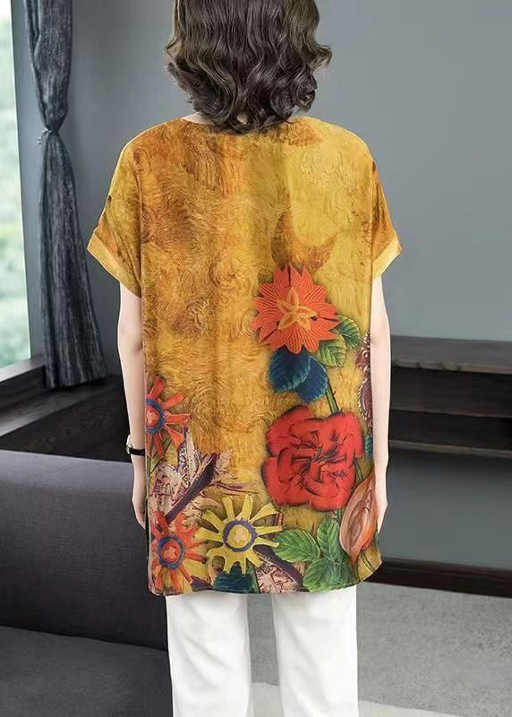 Yellow Print Side Open Patchwork Silk T Shirt Short Sleeve