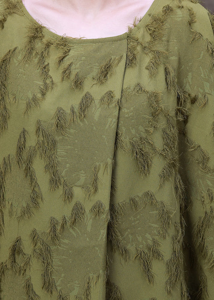 Green O-neck Asymmetrical Print Woolen Long Dress Batwing Sleeve