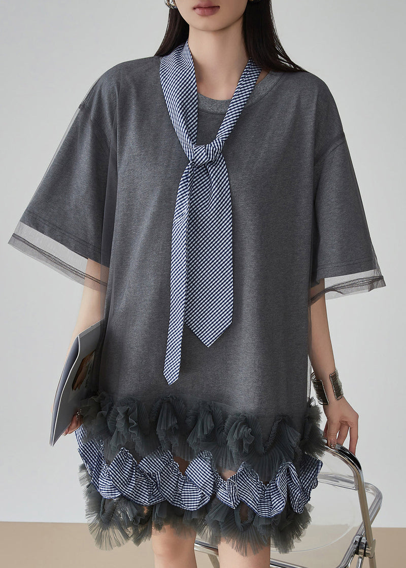 Grey Ruffled Tulle Patchwork Fake Two Pieces Mid Dress Short Sleeve