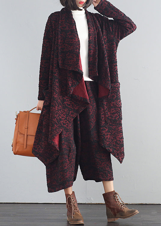 Modern Mulberry V Neck Print Trench Coats and Crop Pants Two Piece Set Fall