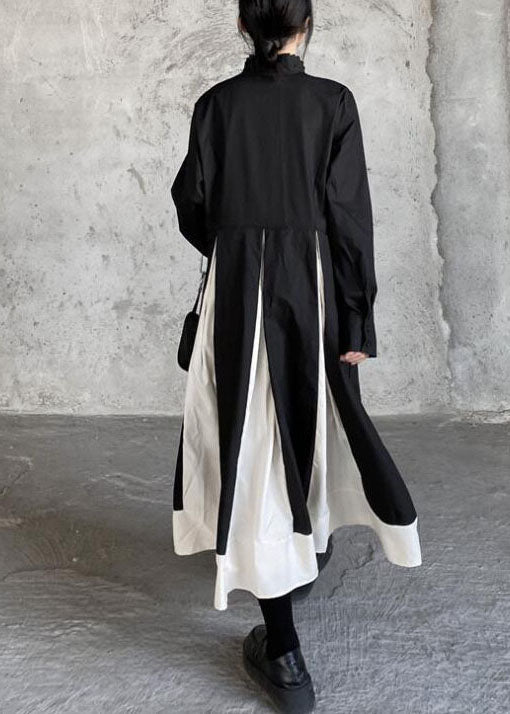 Black Stand Collar Patchwork Exra Large Hem Cotton Shirts Dresses Spring