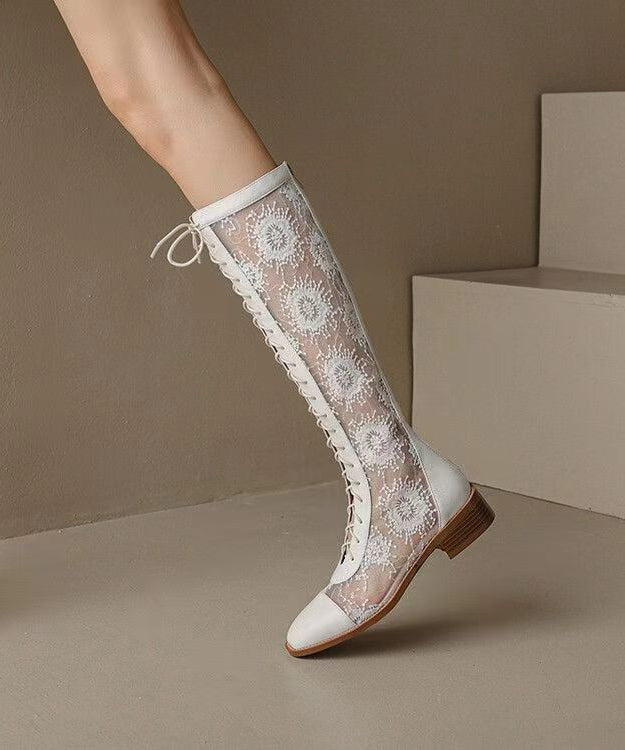 White Hollow Out Lace Up Chunky Boots
