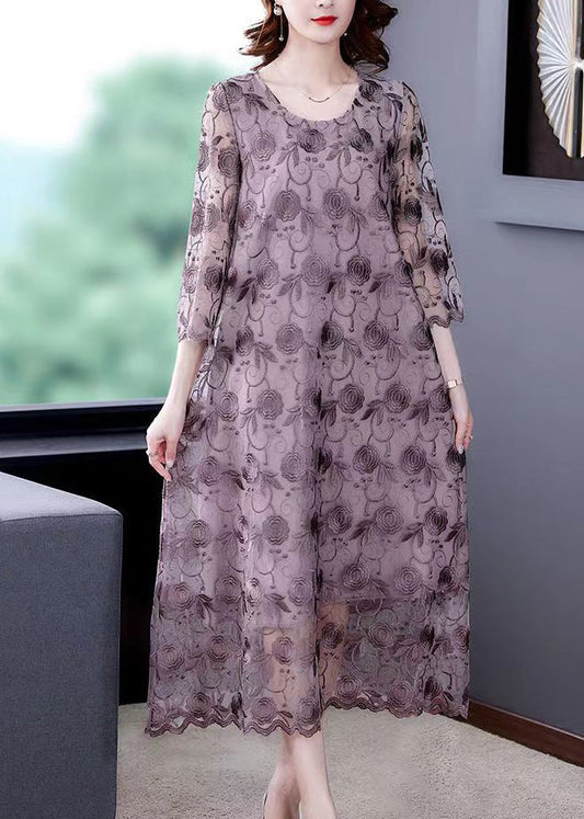 French Grey Purple O-neck Embroideried Tulle Dresses Three Quarter Sleeve