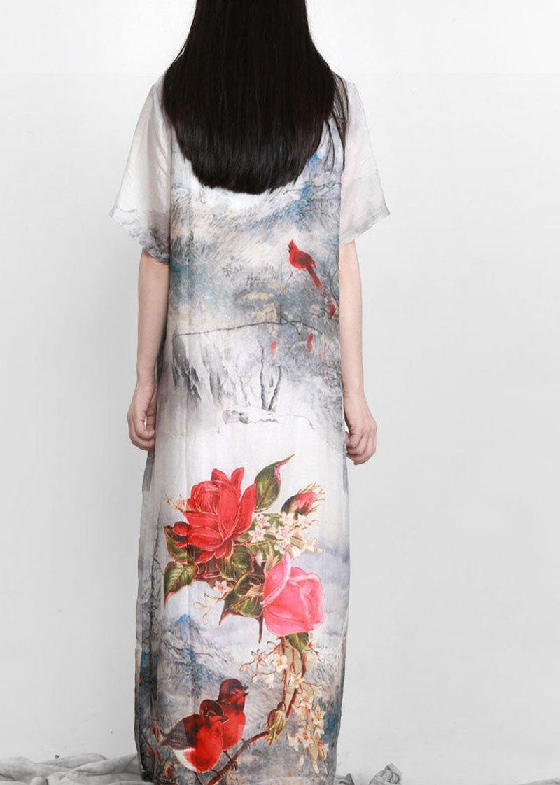 French White Print Linen Chinese Button Vacation Dresses