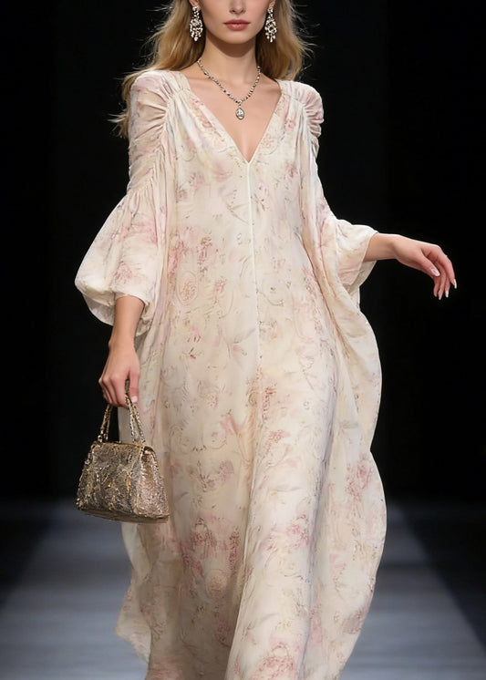 Original Design V Neck Print Wrinkled Chiffon Long Dress Spring