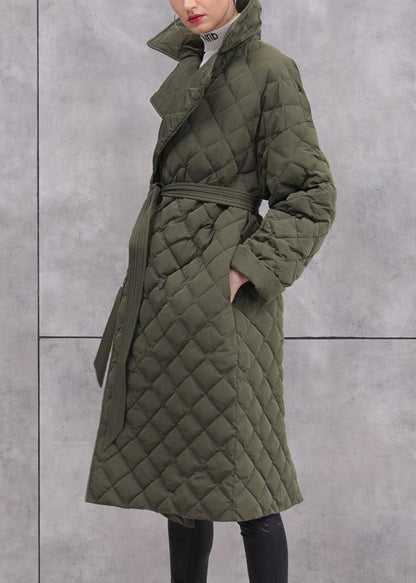 Army Green Tie Waist Pockets Duck Down Coat Long Sleeve