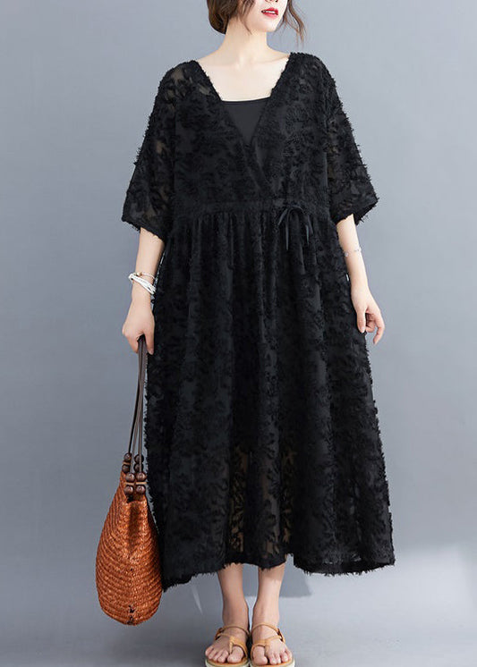 Black V Neck Embroideried Dress Two Pieces Set Half Sleeve