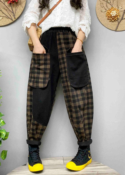 Loose Black Pockets Plaid Denim Pants Spring