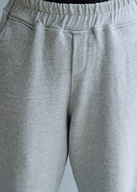 Grey Elastic Waist Cotton Straight Pants Spring