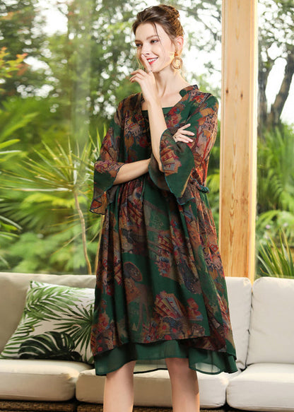 Green Print Ruffled Cross Strap Chiffon Dress Flare Sleeve