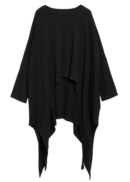 Fitted Black O-neck Asymmetrical Design Loose Fall Long Sleeve Top