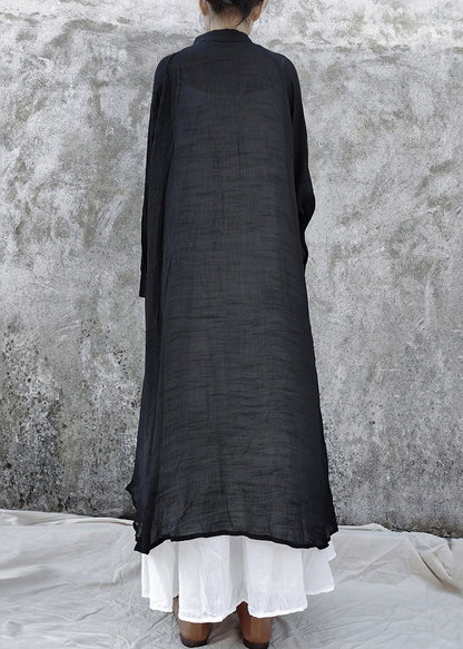 Loose Black Low High Design Peter Pan Collar Linen Tops Long Sleeve Fall