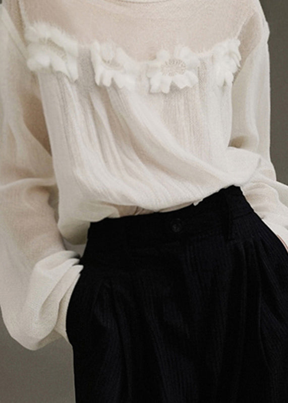 Modern White O-neck Patchwork Tulle Top Lantern Sleev