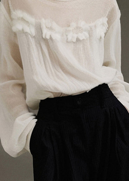 Modern White O-neck Patchwork Tulle Top Lantern Sleev