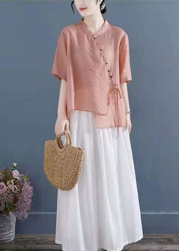 Pink Tie Waist Blouse Tops Half Sleeve