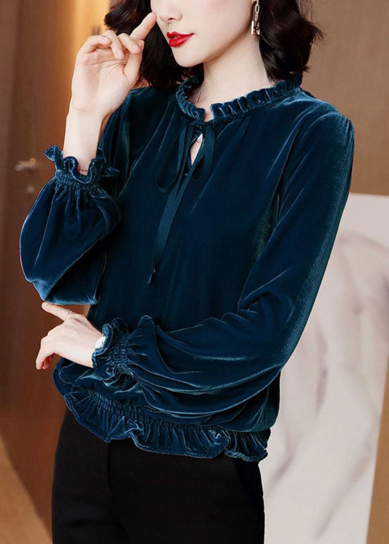 Fine Red Ruffled Lace Up Silk Velour Shirts Long Sleeve