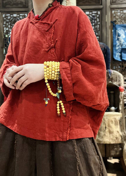 Red Button Linen Tops Batwing Sleeve