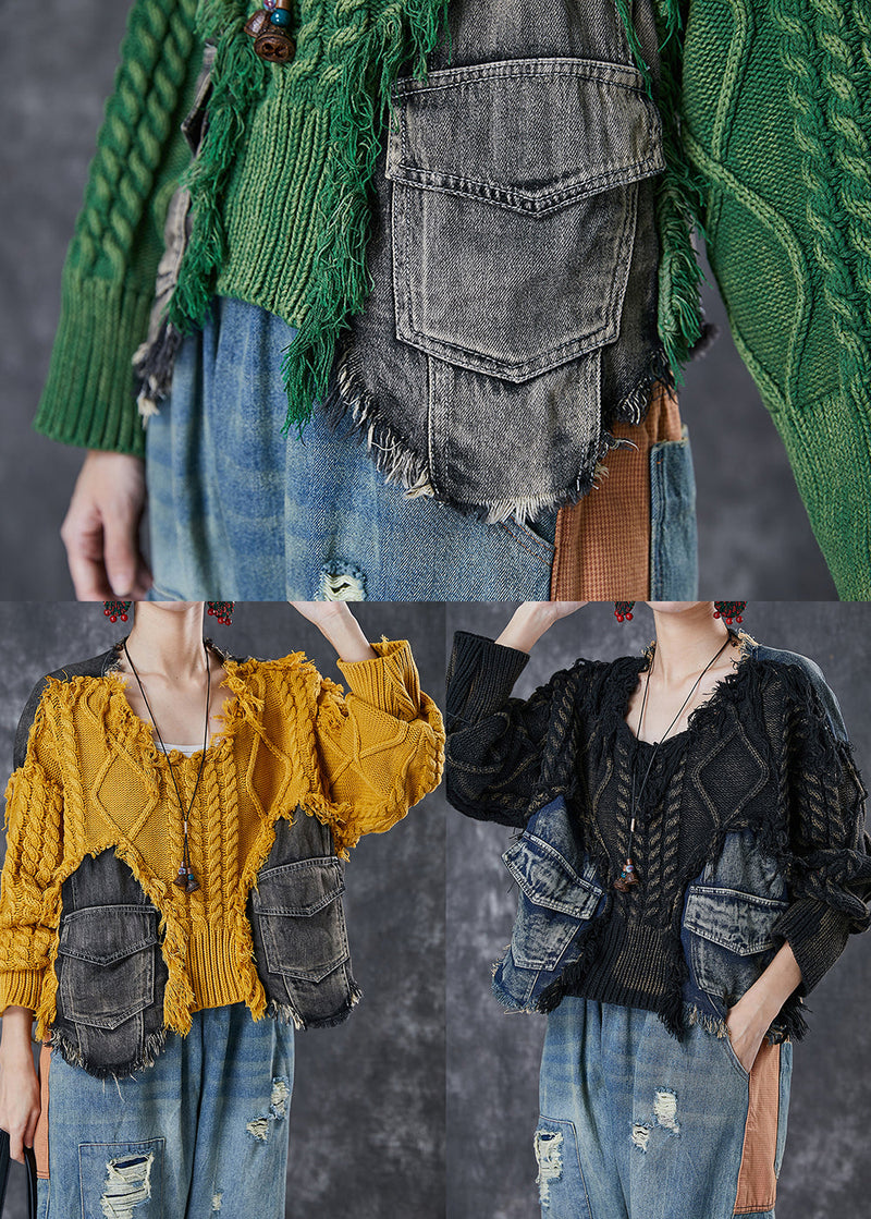 Green Patchwork Denim Knit Sweater Tops Oversized Pockets Winter
