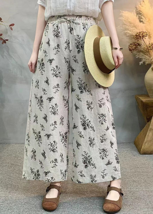 Loose Black Print Elastic Waist Linen Wide Leg Pants Summer