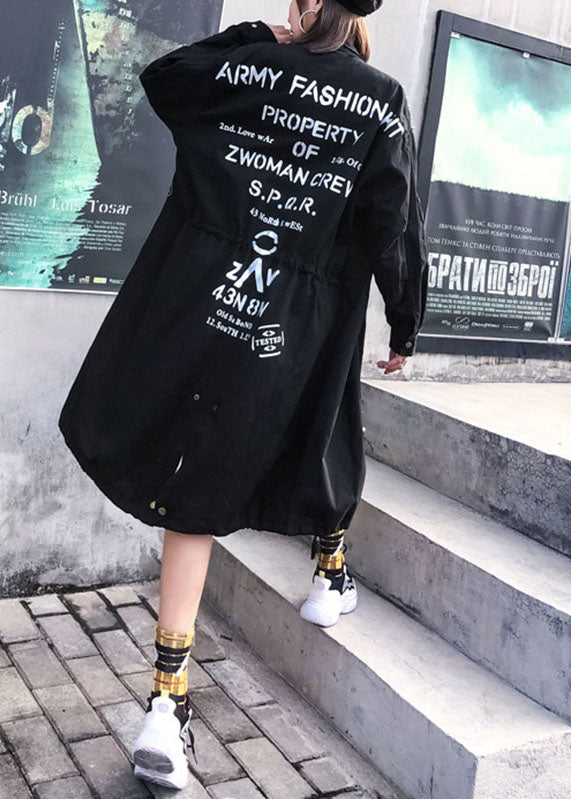 Modern Black Peter Pan Collar Zippered Fall Denim Long Sleeve Trench Coats