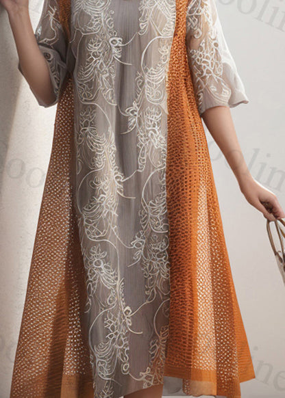 Orange O Neck Print Patchwork Silk Dresses Summer