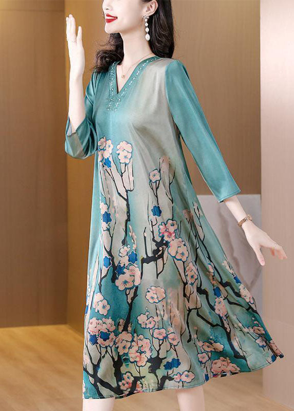 Sky Blue V Neck Print Silk Dresses Bracelet Sleeve
