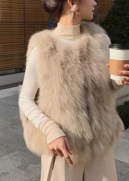 Apricot O-neck Zippered Leather and Fur Waistcoat Sleeveless