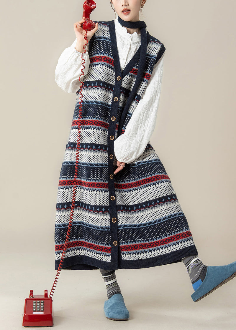 French Navy V Neck Jacquard Knit Vest Dress and Shirts 2 Piece Outfit Winter