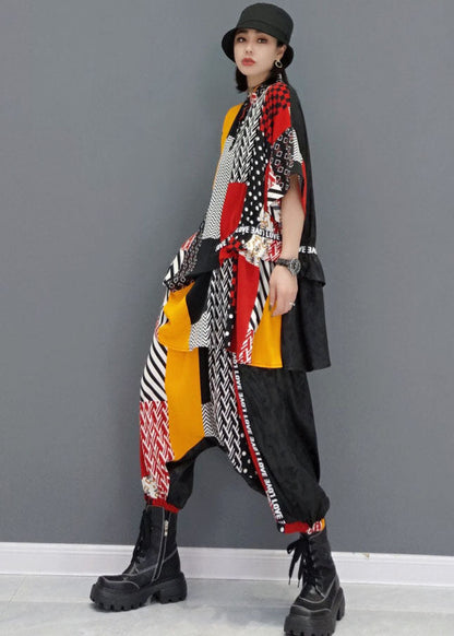 Colorblock Patchwork Print Tops and Harem Pants Two Piece Outfit Summer