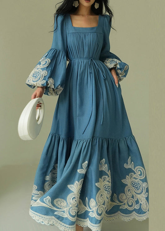 Italian Blue Embroidered Pockets Tie Waist Cotton Long Dresses Lantern Sleeve