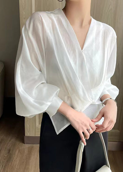 White V Neck Asymmetrical Silk Thin Shirts Spring