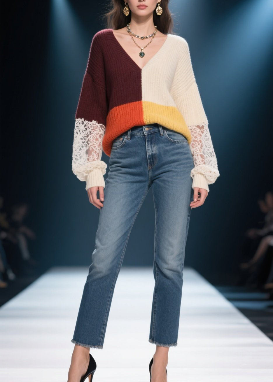 Colorblock V Neck Lace Patchwork Knit Sweater Fall