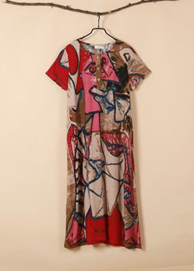 Pink O-neck Print Cotton Long Dress Short Sleeve