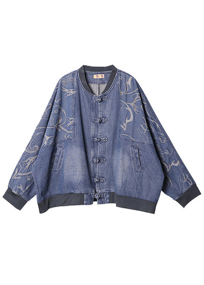 Art Blue O-neck Patchwork Bat Wing Sleeve Print Fall Coat