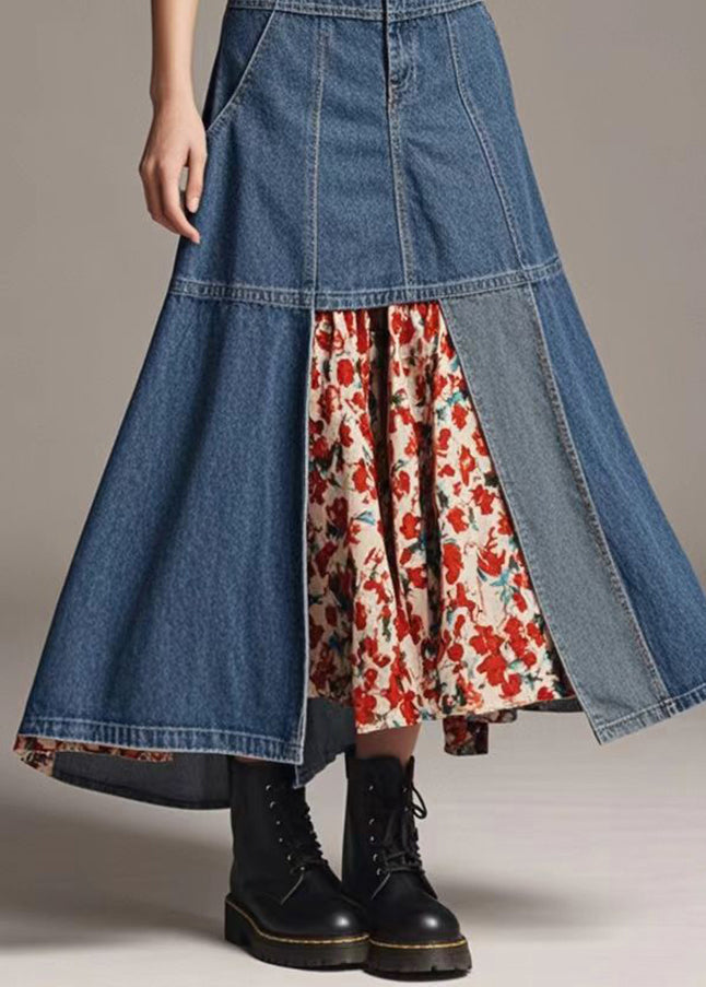 Navy High Waist Patchwork Denim a Line Skirts Spring