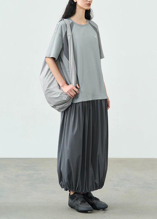 Grey O Neck Patchwork Cotton Long Dresses Summer