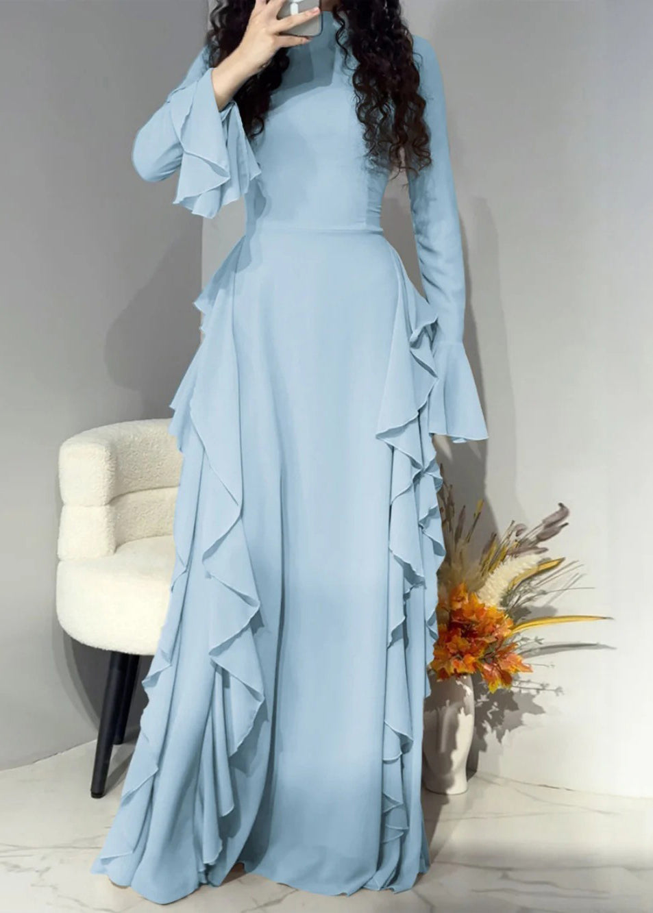 Pink High Waist Chiffon Maxi Dresses Flare Sleeve
