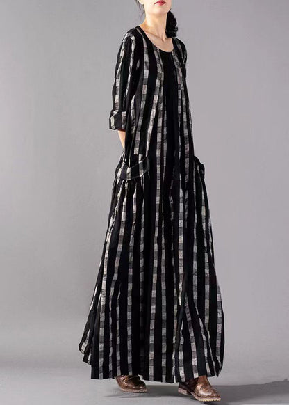 Black O-neck Plaid Print Cotton Long Dresses Long Sleeve