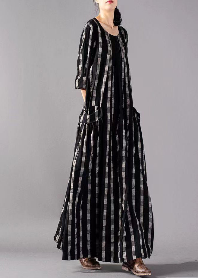 Black O-neck Plaid Print Cotton Long Dresses Long Sleeve