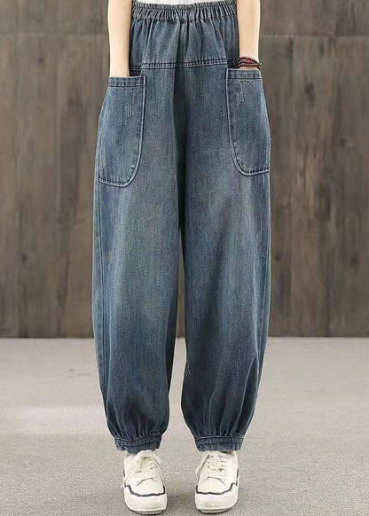 Blue Elastic Waist Big Pockets Patchwork Cotton Denim Harem Pants Summer