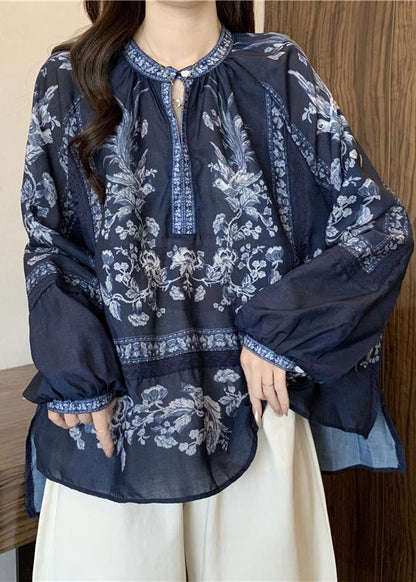Stylish Navy Oversized Print Cotton Shirt Top Fall