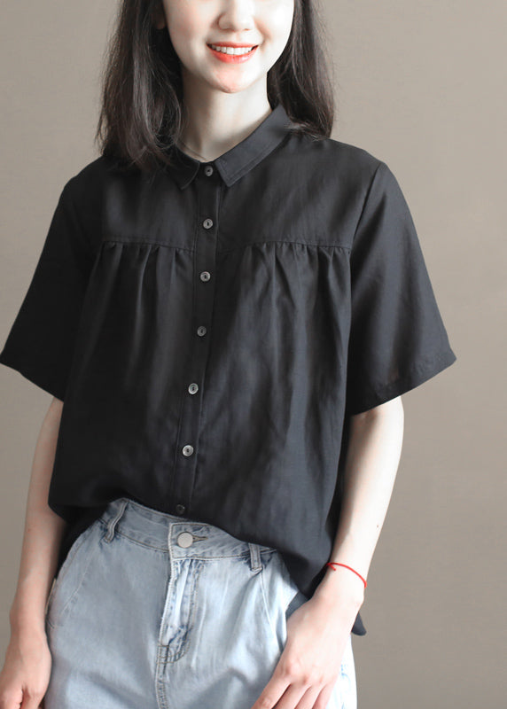 Simple Black Peter Pan Collar Wrinkled Button Linen Blouses Short Sleeve