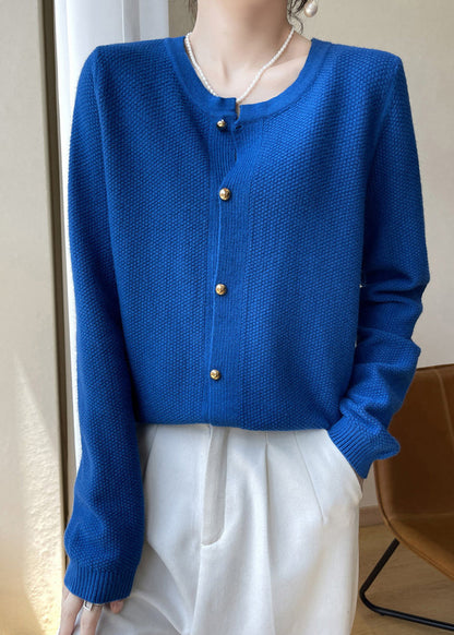 Blue O Neck Button Patchwork Cotton Knit Coats Fall