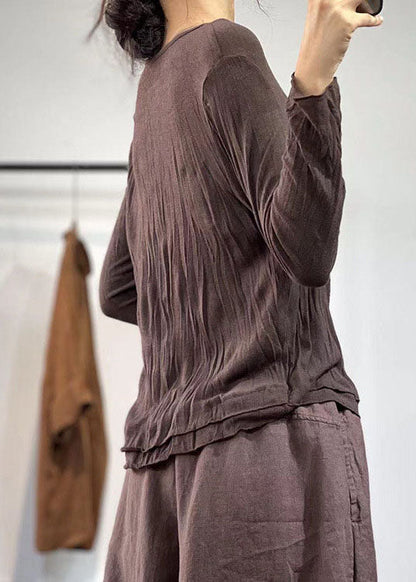 Chocolate V Neck Wrinkled Layered Cotton Shirt Top Fall