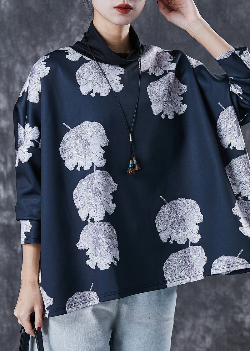 Black Turtle Neck Lotus Leaf Print Spandex Top Spring